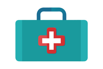 A blue first aid kit with a red cross in flat illustration