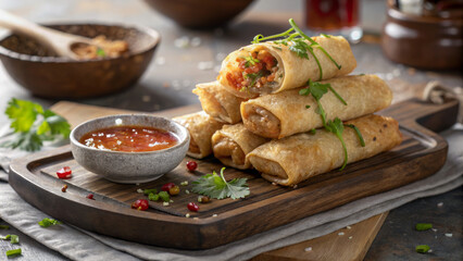 Delicious spring rolls on a rustic plate with sweet chili sauce