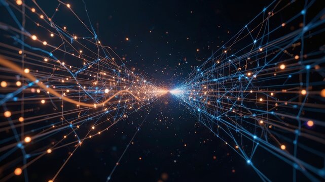 Dynamic stream of luminous data points converging into a wireframe bank in a dark void background