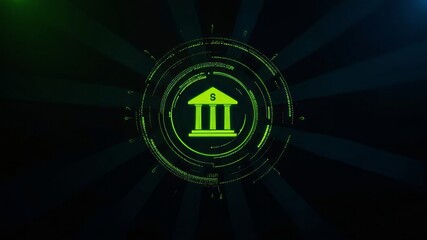 Lime Green Bank Icon Surrounded by Concentric Data Rings on Dark Background
