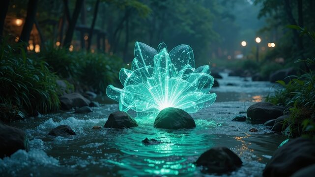 Glowing holographic flower motif emerging from a serene water stream with enchanting forest ambiance