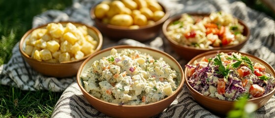 Assorted salads, including potato and pasta salads, sit in bowls on a checkered cloth, inviting diners to a casual outdoor dining experience.