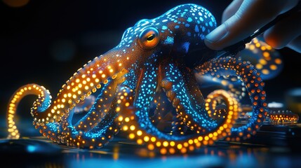 Obraz premium Enigmatic octopus, illuminated with vibrant bioluminescent hues. A digital rendering showcases the creature's intricate design and luminescent patterns