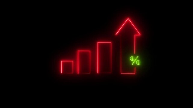 Profit high growth percent icon, stocks, financial, Interest rate and dividend concept. Glowing neon line animated graph and chart with percentage icon black background . 