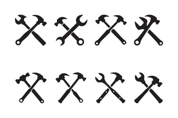 Crossed Hammer Wrench Tool Icon Silhouette Set