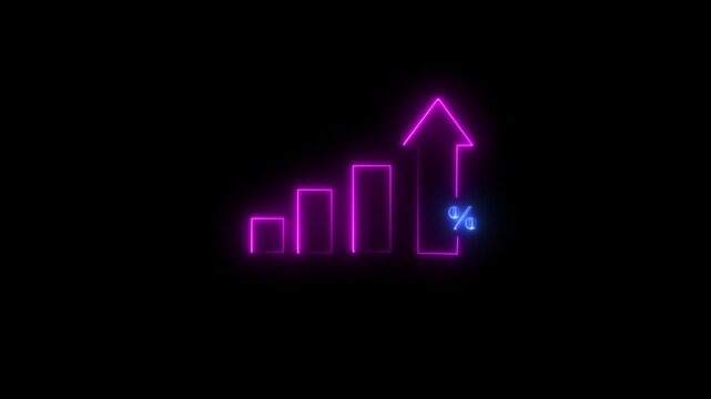 Profit high growth percent icon, stocks, financial, Interest rate and dividend concept. Glowing neon line animated graph and chart with percentage icon black background . 