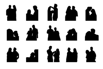Set of beautiful and romantic couple vector silhouette. Woman, girl, man, people in love black white isolated illustration.