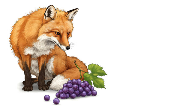 Curious Fox Interacting with Grapes on White Background – Aesop Fable Inspired Illustration-copy space