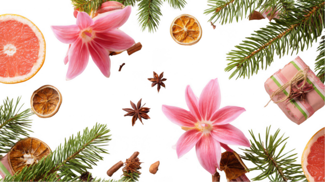 Christmas and New Year background with pink flowers, pine branches, gifts, candied citrus, star anise, png, transparent