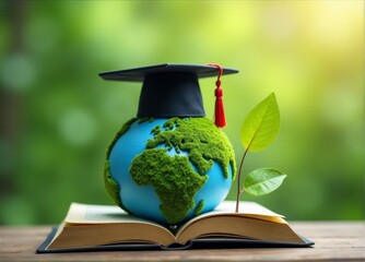 Globe Graduation Cap with Book and Leaf