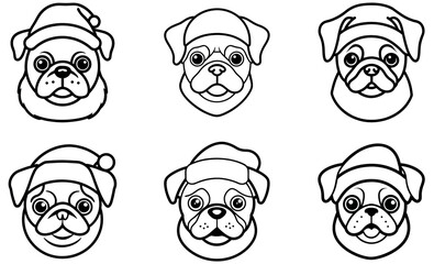 Christmas Pug Dog Vector Icons in Santa Hat – Cute Holiday Outline Design