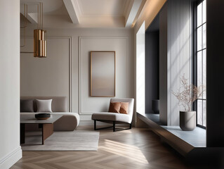 Aesthetic beautiful elegant  modern luxury interior design. Clear mock up empty wall for decoration in the apartment, painting frame. Copy space in the room.