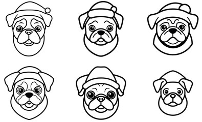 Christmas Pug Dog Vector Icons in Santa Hat – Cute Holiday Outline Design
