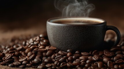 Steaming white coffee cup with spilled roasted beans, evoking warmth and rich aroma of freshly brewed coffee.