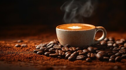 Steaming white coffee cup with spilled roasted beans, evoking warmth and rich aroma of freshly brewed coffee.