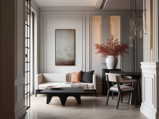 Aesthetic beautiful elegant  modern luxury interior design. Clear mock up empty wall for decoration in the apartment, painting frame. Copy space in the room.