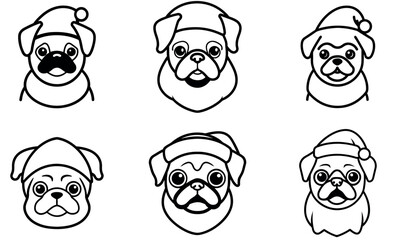 Fototapeta premium Christmas Pug Dog Vector Icons in Santa Hat – Cute Holiday Outline Design