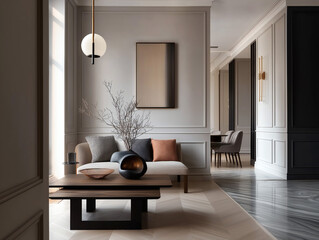 Aesthetic beautiful elegant  modern luxury interior design. Clear mock up empty wall for decoration in the apartment, painting frame. Copy space in the room.