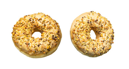 Two pistachio glazed donuts isolated on white background. High resolution image perfect for bakery, dessert, or snack concepts in advertising, packaging, and food design.