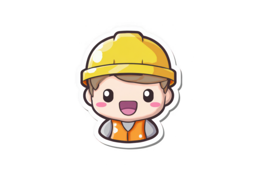 Sticker vector picture, a cute cartoon construction worker on a gray background, png, transparent