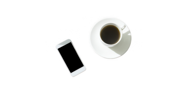 a white desk with a laptop, phone, and coffee cup on it, in a minimalist style with a simple design and a white background, png, transparent - Powered by Adobe