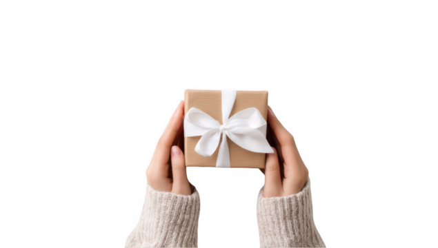 hands holding a gift box with a white ribbon bow, png, transparent