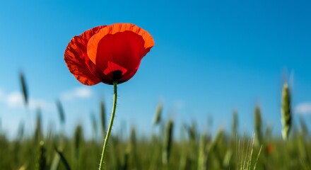 Naklejka premium Red Poppy Flower in Field Under Blue Sky