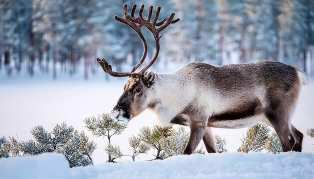 reindeer rangifer tarandus close up in finland in winter