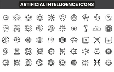 Artificial Intelligence Line Vector Icon Set , 50 AI Icons Featuring Neural Networks, Machine Learning, Cloud Computing, Robotics, Data Analysis, and Modern Tech Elements in Stroke Style, AI icon set.