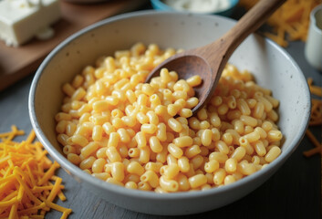 Mixing bowl of cooked macaroni as preparation for cooking