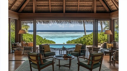 Obraz premium Luxurious beachfront living room with ocean views