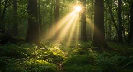 Fototapeta premium Sunlight Through Trees in Green Forest