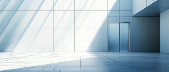 Obraz premium Building interior demonstrates modern architecture and design through use of geometric patterns, clean lines, and elevator doors.