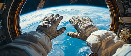 Astronaut in gloved hands looks through spaceship window at planet Earth, experiencing wonder.