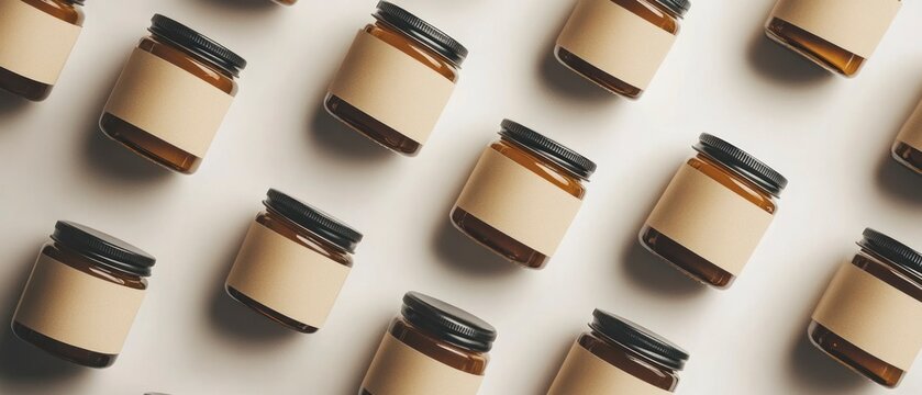 Multiple glass jars with brown tint and black lids sit together with blank labels facing forward creating uniform arrangement, intended for product packaging.