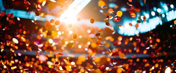 A burst of colorful confetti fills the air, creating a magical atmosphere at a nighttime celebration. Lights twinkle, enhancing the festive spirit as laughter echoes around Generative AI