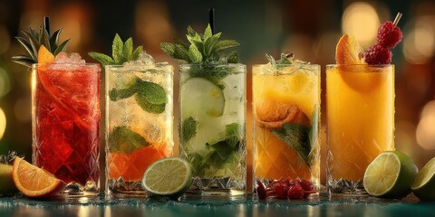 Refreshing summer cocktails served at a vibrant bar during the evening with colorful garnishes and ice