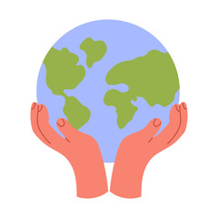 Man holds the globe in his hands. Flat style illustration isolated on white background