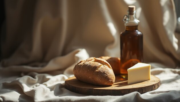 Rustic Still Life: Bread, Cheese, Oil on Textured Linen Background