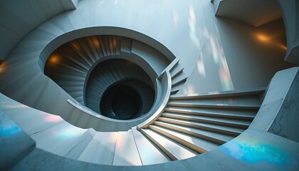 Fototapeta premium Geometric Spiral Staircase with Iridescent Crystal Patterns – Cool Light & Modern Design