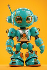 Blue robot with orange accents and antenna on yellow backdrop. Friendly futuristic character.