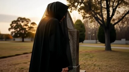 Somber figure mourning at a gravestone in a serene cemetery  
