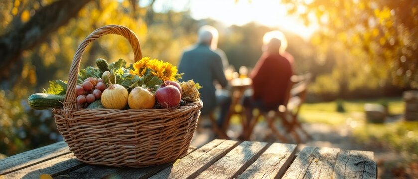 Senior couple enjoys golden hour dinner behind wicker basket overflowing harvest bounty, evoking abundance.