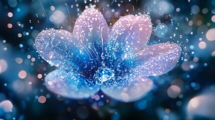 Closeup of a Blue and Pink Flower with Water Drops and Sparkle