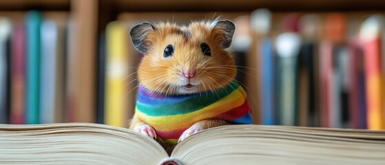 Golden hamster wearing rainbow sweater looks curiously at open book in library setting, conveying an interest in reading.