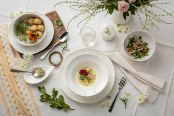 Neatly decorated and arranged dining table at a luxurious restaurant.