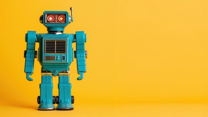 Classic blue robot toy with glowing red eyes and vintage design. Retro character on orange background.