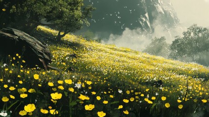 Yellow Flower Field Landscape with Fog and Trees