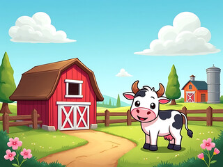 Fototapeta premium Bright Sunny Day on a Cartoon Farm with Red Barn, Meadows, Dirt Path, and Nature Elements Charming Country Life Design