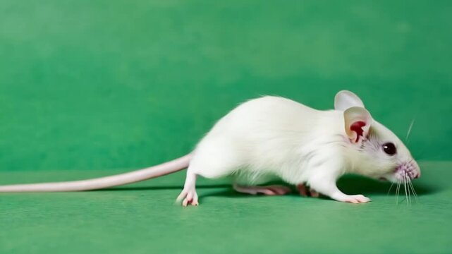 A white mouse standing on a green surface looking to the right with a long tail visible green screen video